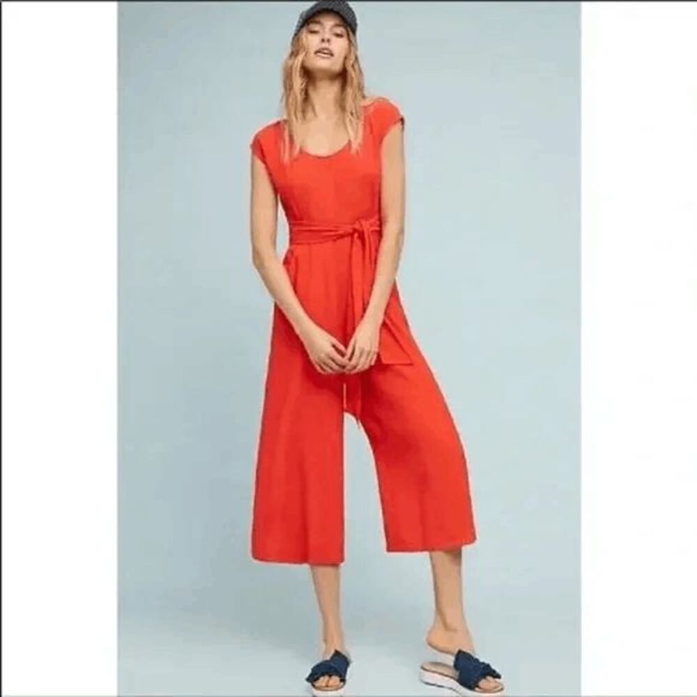 Anthropologie Red Cap-Sleeve Wide-Leg Jumpsuit